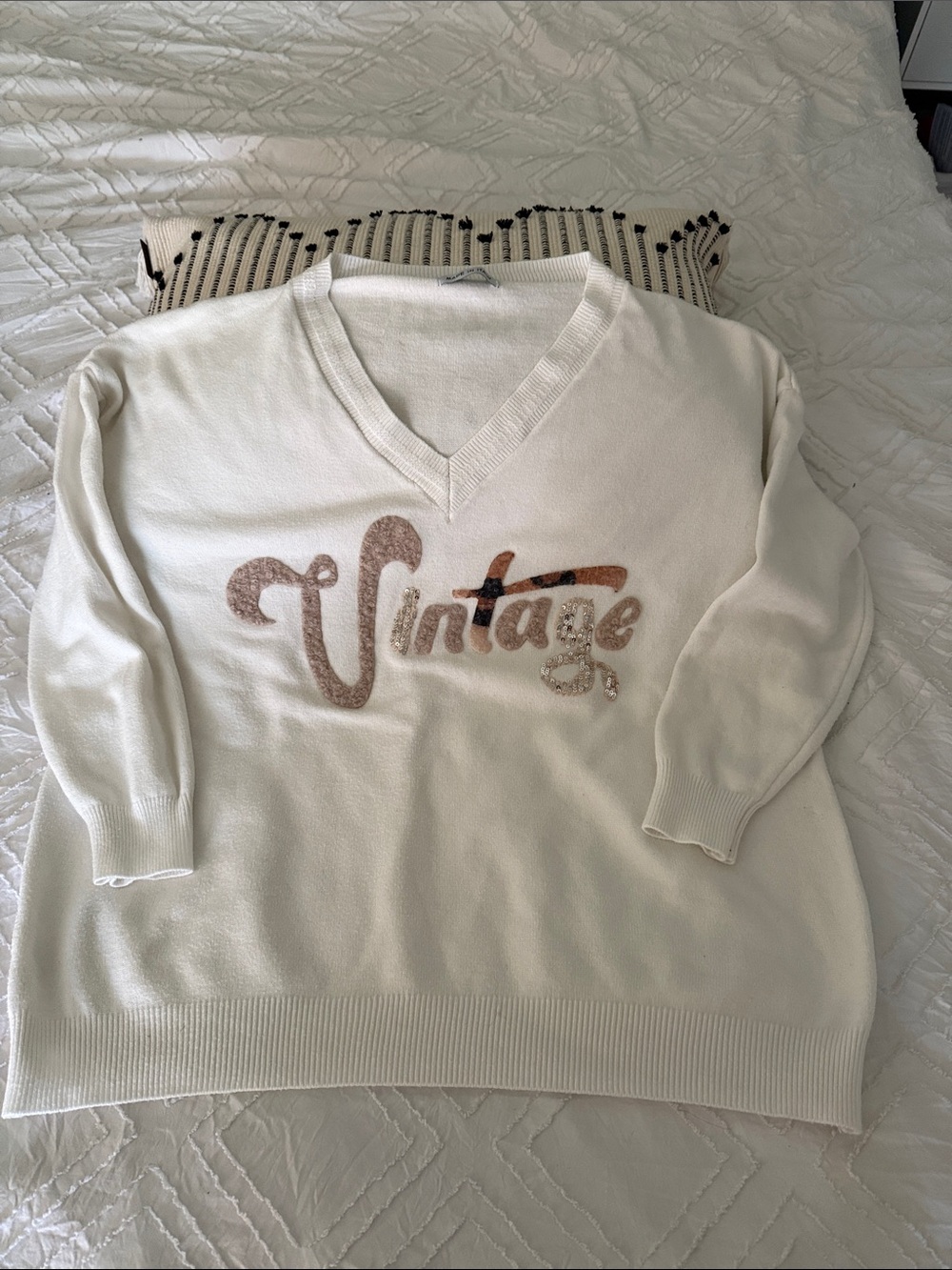 Vintage Print Cream V-Neck Sweater